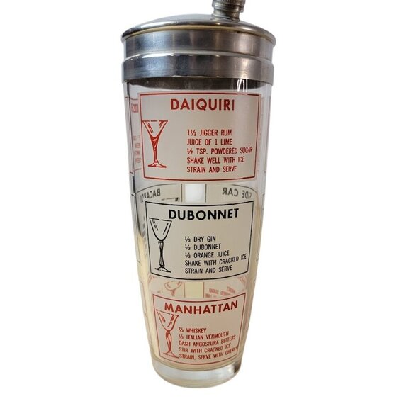 Vintage Glass Cocktail Shaker w/ Nine Drink Recipes Mid-Century Barware - Picture 2 of 8